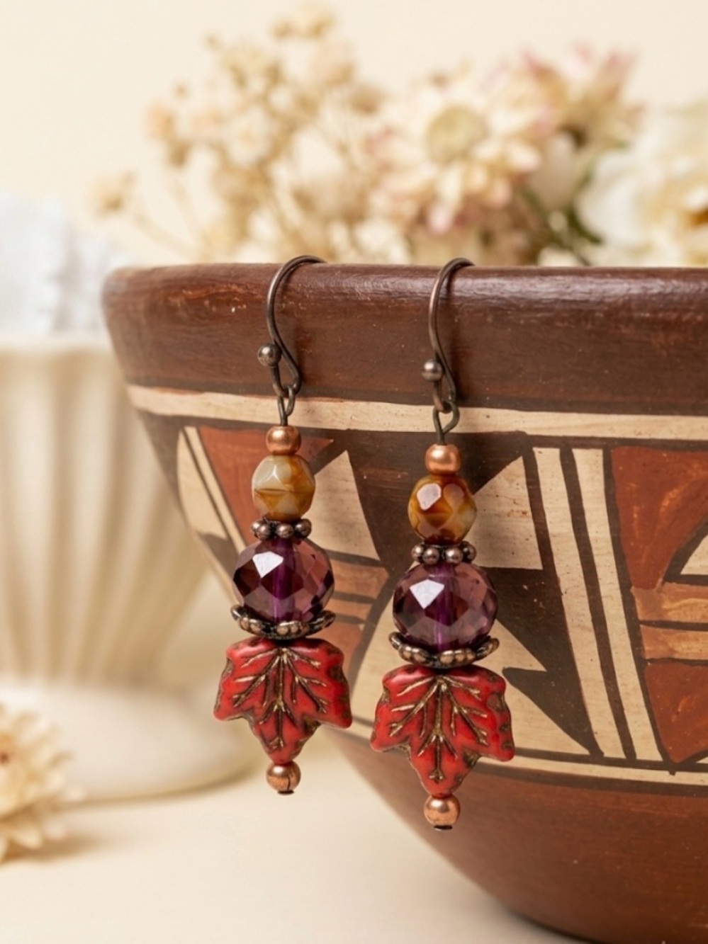 Hand Crafted Passion Leaves Dangle Earrings Crimson & Copper 2” Czech Glass NWT - Picture 7 of 13